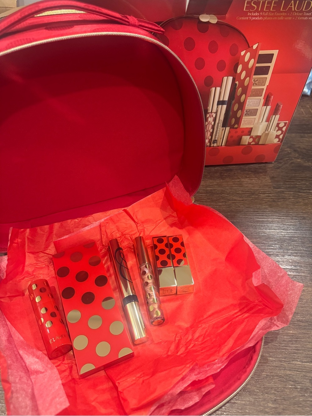 Estee Lauder Red and Gold Polka Dot Makeup Set with Case